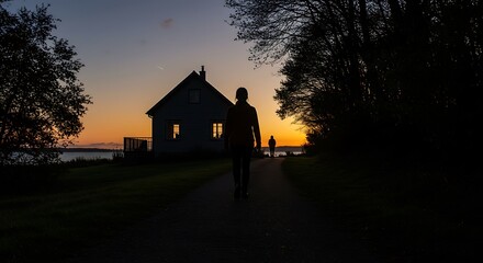 Sunset Silhouette: A Solitary Walk by the Lake