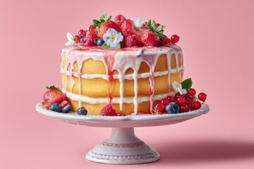 Succulent Cream Cake with Berries and Floral Decoration on Pink Background