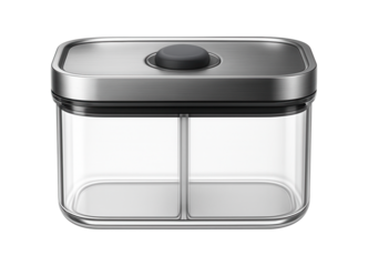 A vacuum container with a divided interior, allowing separation of different food items while storing in the refrigerator.