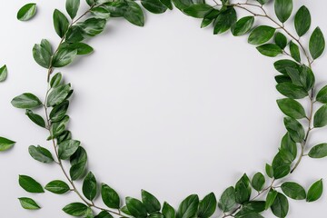 Lush green leaves form a circular frame on a light gray background, with a few stray leaves scattered nearby