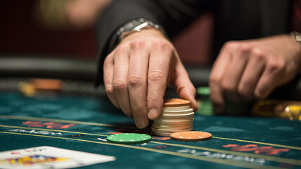 Man's Game: The image shows a man's hand carefully arranging poker chips on the felt, capturing the tension and strategic intensity of a high-stakes game.