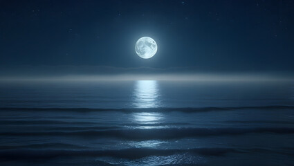 Moonlight Night Seascape with Full Moon and Peaceful Reflections