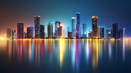 Fototapeta premium Colorful city skyline reflected in water at night