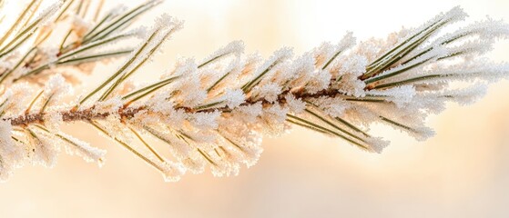 Pine branch covered with ice crystals. Winter background with frozen needles. Detail of cold frost on plant. Natural pattern on branch with white blur.