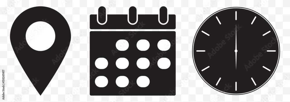 Poster address location icon. notification bell icon. stopwatch timer icon. date calendar icon - web icons 