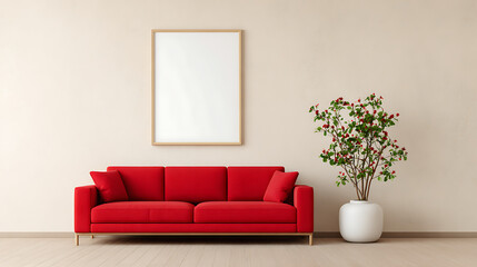 Modern interior with red sofa and minimalist decor in cozy living room featuring blank frame and natural lighting on beige background. 3D Rendering 26210505 1