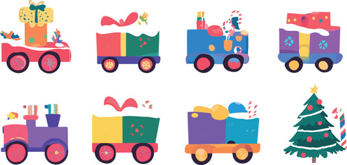 Colorful Christmas Train with Presents and Tree on White Background Illustration