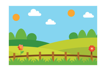 Cartoon Field With Layers Of Grass Flowers And Clouds