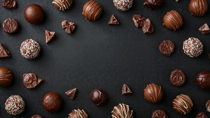 Gourmet assortment of delicious chocolate truffles and pralines creating a frame on a dark stone background