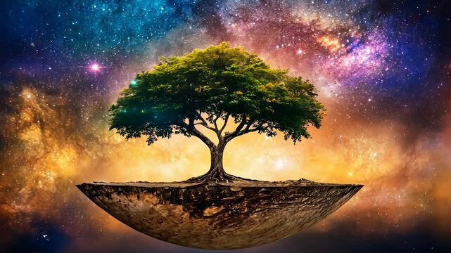 Floating Island Tree in Cosmic Sky