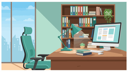 Modern office workspace with a computer, books, and city view.