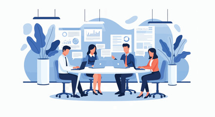 Business team collaborating around a table, analyzing data and working on laptops in a modern office.