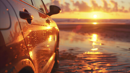A car on a beach at the sea side sunset concept