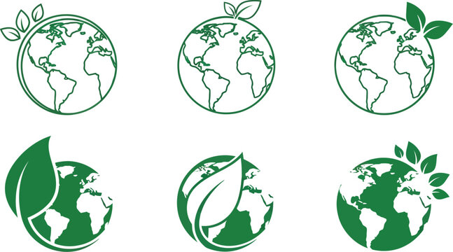 Green earth globe icons with leaves symbolize ecology and environmental awareness.
