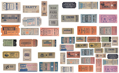 a collection of old vintage ticket isolated on white background