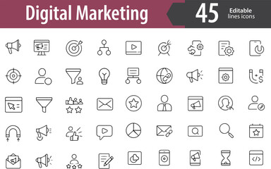 Digital Marketing Line Icons, SEO Optimization, Email Campaign, Social Media Strategy, PPC Advertising, Analytics Dashboard, Editable Formats: AI, EPS, PNG, Ideal for Both Digital and Print Use
