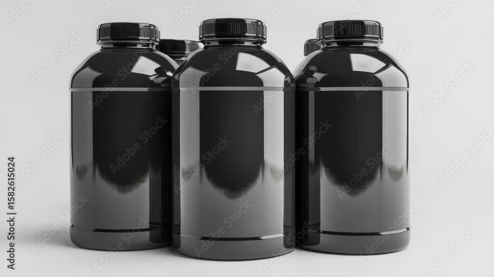 Poster three clear plastic bottles stacked together, likely used for storing or transporting liquids. these