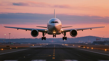 Fototapeta premium airplane landing at sunset