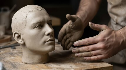 Artisan sculptor shaping clay head sculpture with handmade techniques  