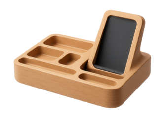 A compact wooden organizer with a built-in phone stand, convenient for multitasking in a studio apartment office nook.