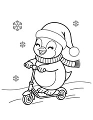 Obraz premium Penguin riding a scooter coloring page, line art coloring book or page for kids, ready to print