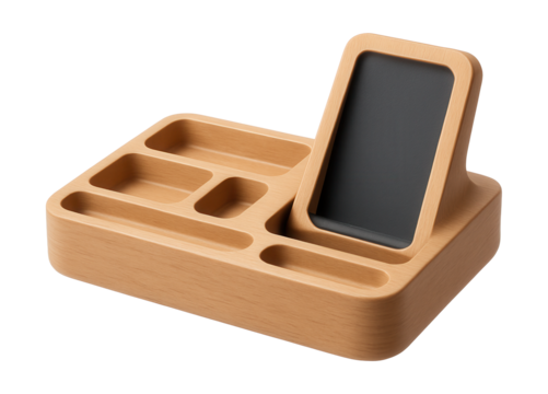 A compact wooden organizer with a built-in phone stand, convenient for multitasking in a studio apartment office nook.