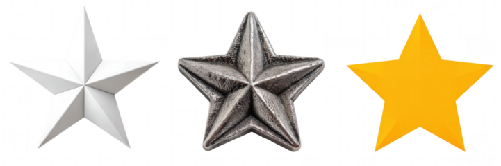Three distinct five pointed stars in white silver and yellow isolated on transparent background