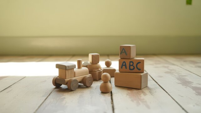 Wooden toys and blocks on wooden floor in a bright room - Concept of HEAVILY CRAFTED  