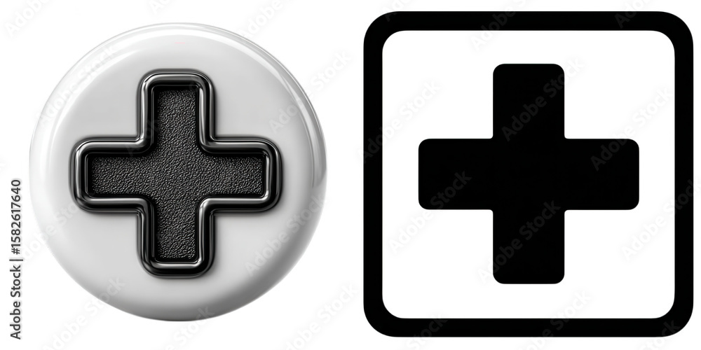Poster glossy white button with textured black cross isolated on transparent background