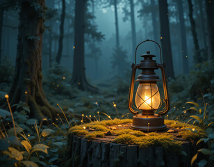 An old rusty lantern glowing softly on a mossy tree stump in the forest