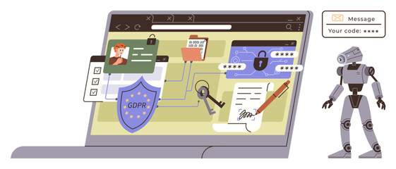 Laptop screen showing GDPR shield, documents, code authentication, user data, and AI robot. Ideal for cybersecurity, data privacy, AI, compliance digital safety encryption technology trends
