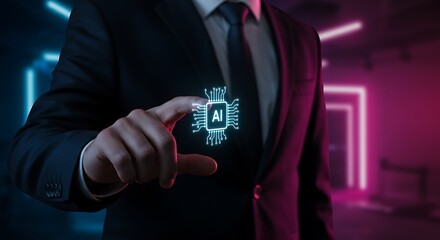 AI Technology Integration: Businessman Interacting with AI Microchip Hologram