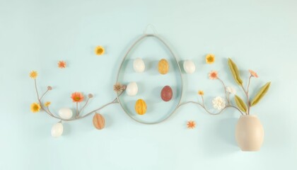 Easter egg decoration with flowers in a vase on a light blue background