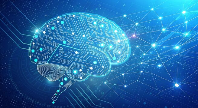 Digital brain illustration represents artificial intelligence and machine learning concepts with neural network on blue background.