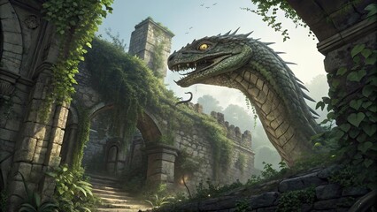 A powerful basilisk slithering through ancient ruins covered in vines, eyes glowing menacingly