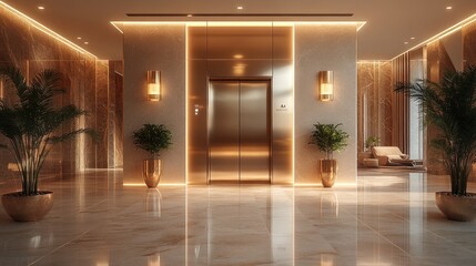 Modern hotel lobby elevator with gold accents and lounge area