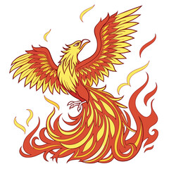 Fototapeta premium Vibrant glowing phoenix rising from flames fiery feathers in bright oranges reds and yellows high contrast, centered t-shirt print