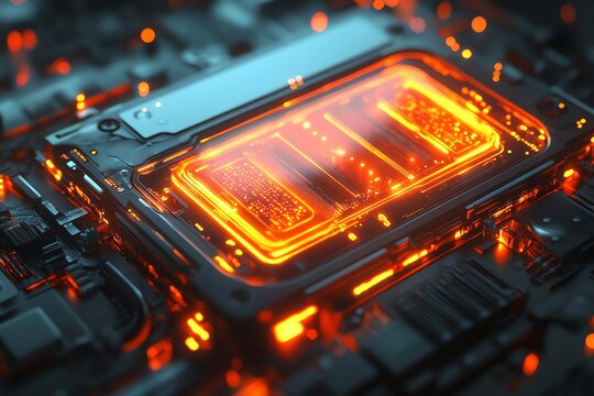 Futuristic Smartphone Battery Charging Illustration with Glowing Orange Lights and Circuit Board Background