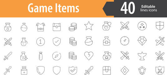Game Item Line Icons, Treasure Chest, Magic Potion, Sword, Game Coin, Shield, Editable Formats: AI, EPS, PNG, Ideal for Both Digital and Print Use
