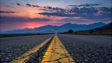 Driving into the sunset offers a scenic view of mountains with an open highway, as clouds fill the sky.
