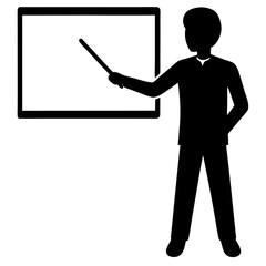 Man presenting with pointer at board silhouette vector illustration