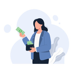 A Female Client Pays Cash for a Product Package Vector Illustration