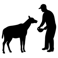 Man feeding a doe black silhouette vector illustration