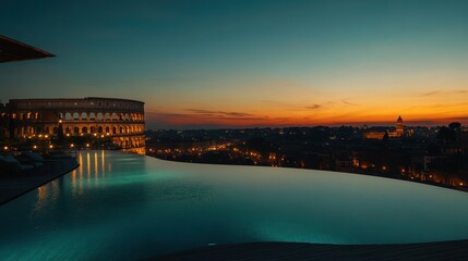 Panoramic view of a rooftop infinity pool overlooking the illuminated city at sunset.
