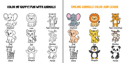 Cute Cartoon Animals with Smiling Faces, Black and White and Colored Versions, Kids Coloring Book Style