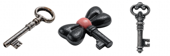 Three antique and modern keys arranged on a transparent background isolated on transparent background