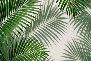 Obraz premium Tropical palm leaves casting strong, dynamic shadows on a clean, light-colored background, creating a natural and summery minimalist pattern perfect for design concepts.