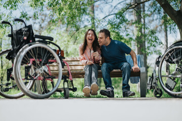 A young couple sharing laughter while sitting on a park bench outdoors, with wheelchairs beside...