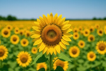 Fototapeta premium Vibrant field of bright yellow sunflowers under a clear blue sky, with a single bloom in sharp focus, symbolizing summer, growth, and natural beauty in a beautiful illustration.