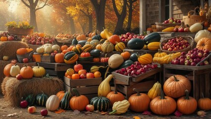 Autumn scene with basket filled with seasonal fruits